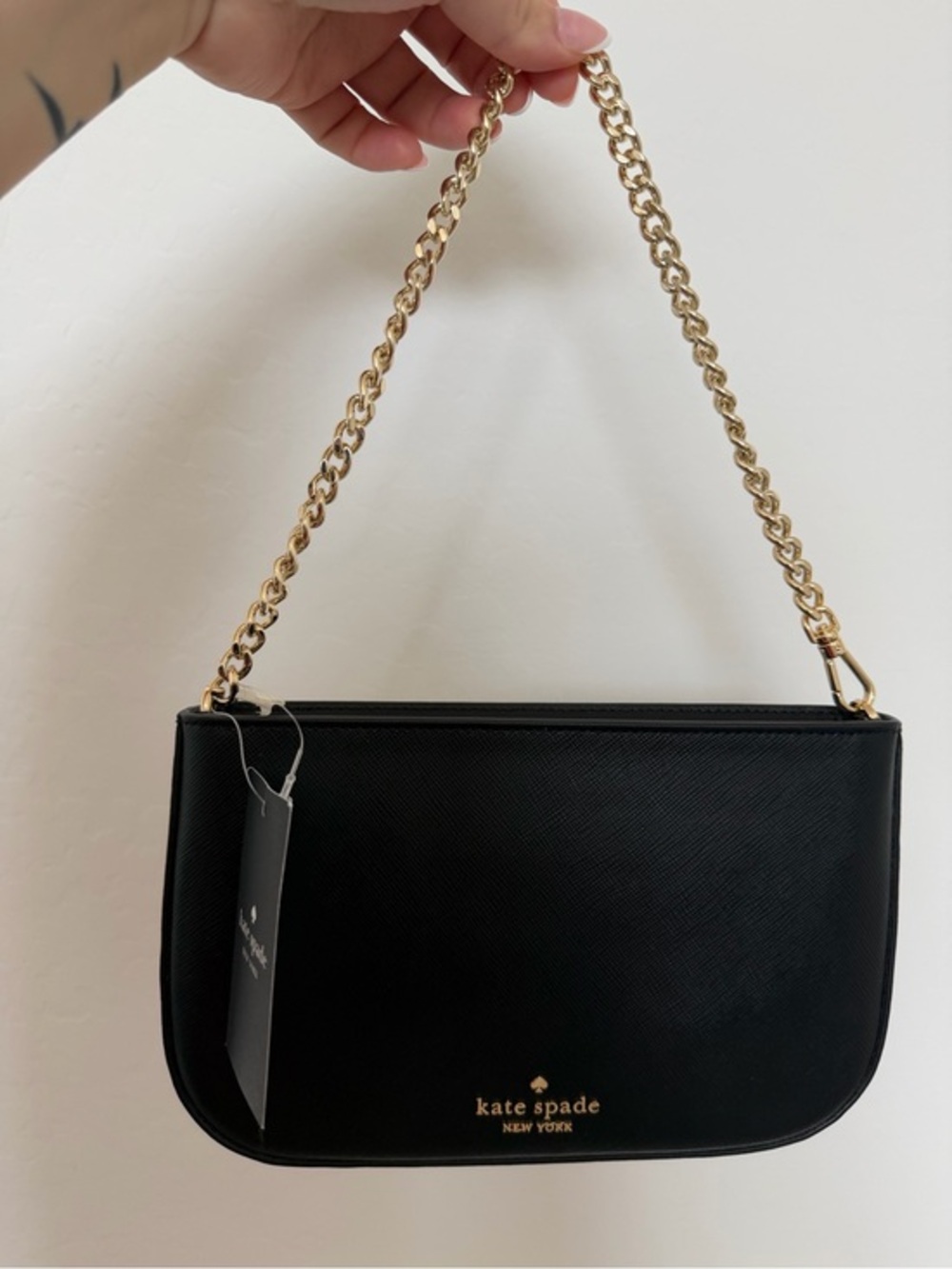 kate spade Black Leather Shoulder Bag with Gold Chain